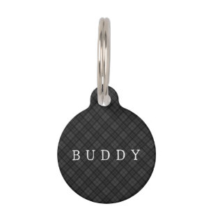 Black white tartan plaid winter pattern Pet name Tag