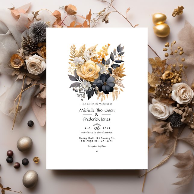 Black, White, Taupe Gold and Shimmery Gold Wedding Invitation (Creator Uploaded)