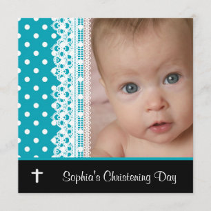 Black White Teal Baby Girl Photo Christening Invitation