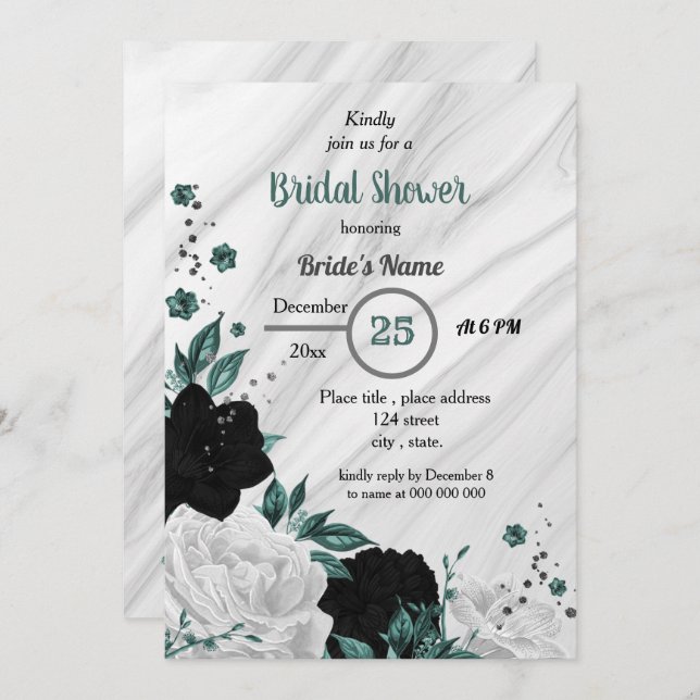 Black white & teal blue floral bridal shower invitation (Front/Back)