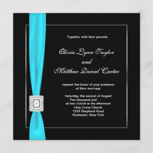 Black White Teal Blue Teal Bow Wedding Invitation