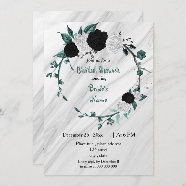 Black white teal blue wreath bridal shower invitation (Front/Back)