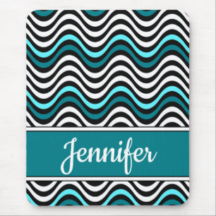 Black White Teal Bold Wavy Stripes Mouse Pad