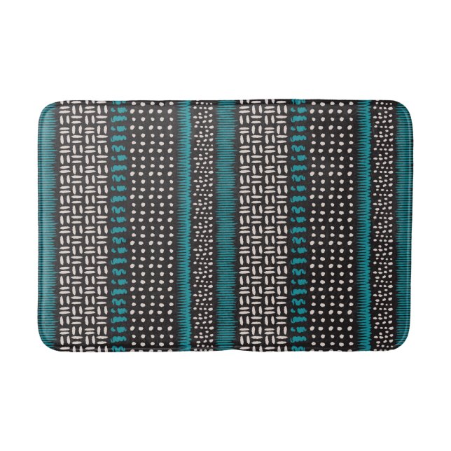 Black White Teal Dots Spots Zigzags Pattern  Bath Mat (Front)