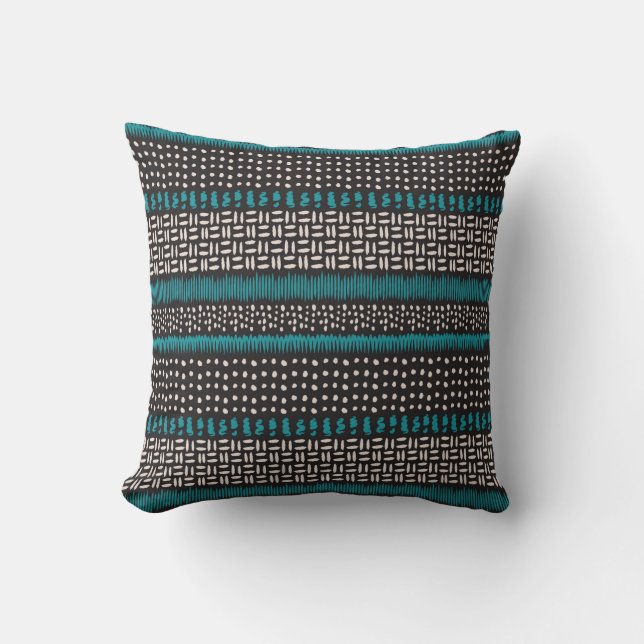 Black White Teal Dots Spots Zigzags Pattern  Cushion (Front)