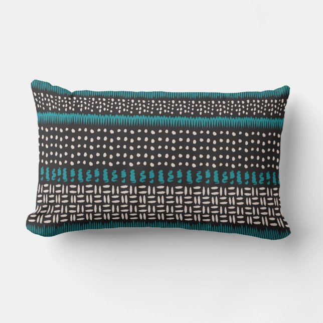 Black White Teal Dots Spots Zigzags Pattern  Lumbar Cushion (Front)