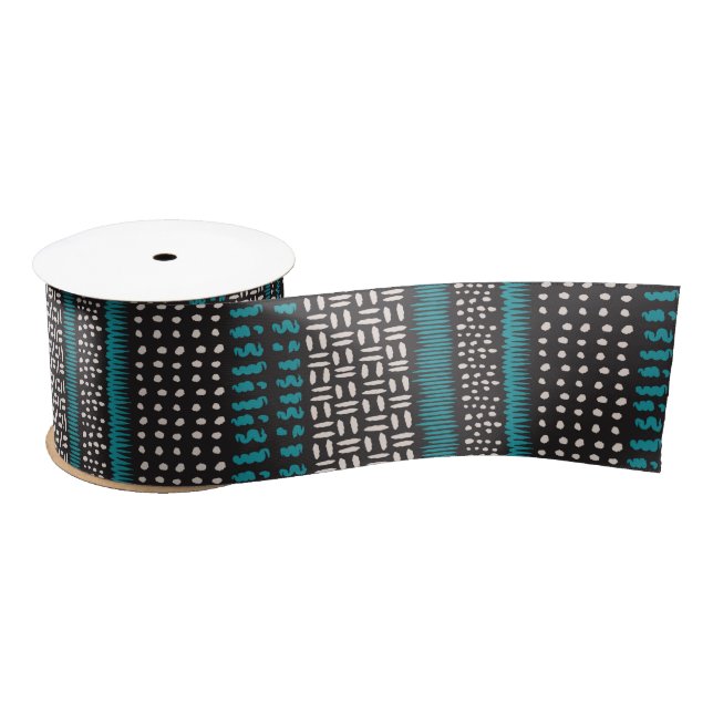 Black White Teal Dots Spots Zigzags Pattern Satin Ribbon (Spool)
