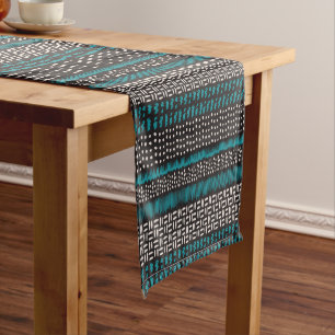 Black White Teal Dots Spots Zigzags Pattern Short Table Runner