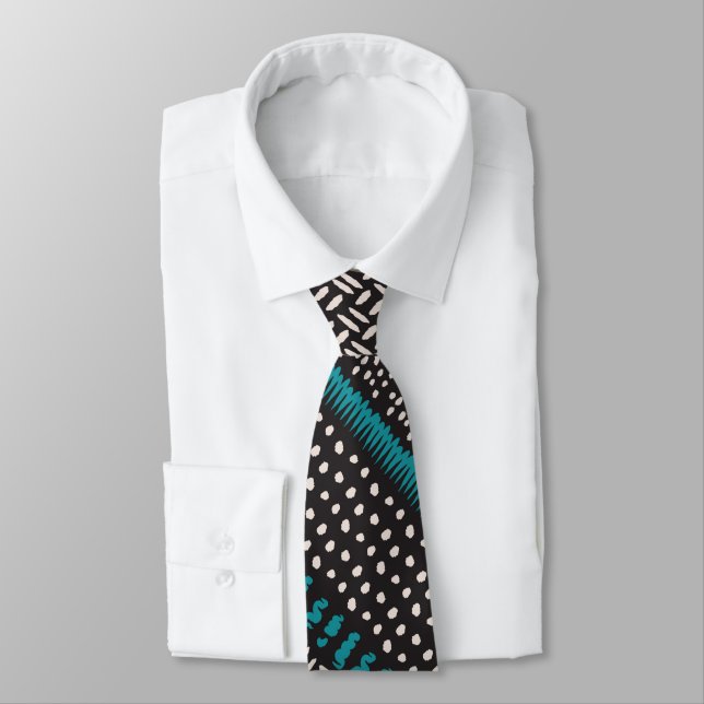Black White Teal Dots Spots Zigzags Pattern Tie (Tied)