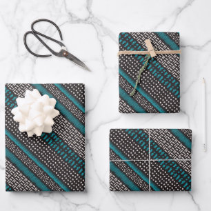 Black White Teal Dots Spots Zigzags Pattern Wrapping Paper Sheet