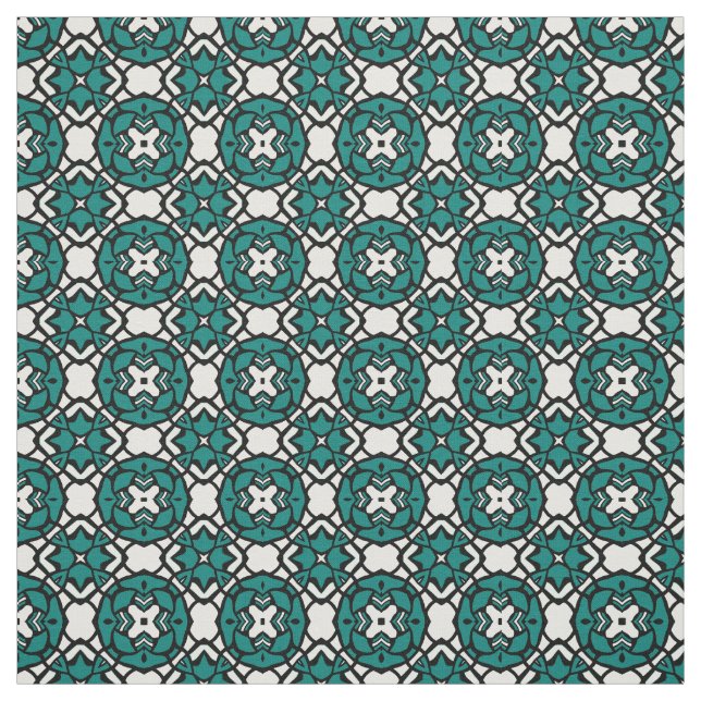Black White Teal Ethnic Oriental Mosaic Pattern Fabric (Swatch)