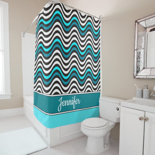 Black White Teal Geometric Sea Waves Monogram Name Shower Curtain (In Situ)