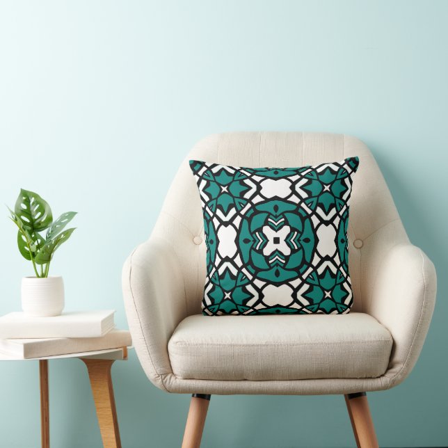 Black White Teal Green Oriental Mosaic Pattern Cushion (Chair)