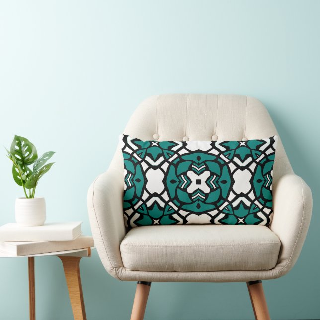 Black White Teal Green Oriental Mosaic Pattern Lumbar Cushion (Chair)