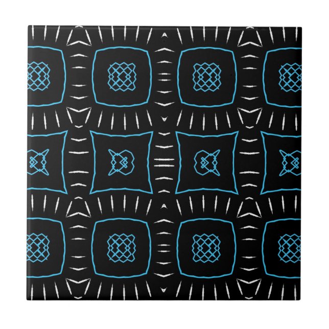 Black White & Teal Modern Geometric Pattern Ceramic Tile (Front)