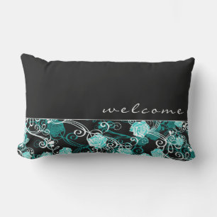 Black & White Teal Rose Pattern   Welcome   Script Lumbar Cushion