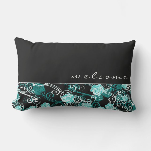 Black & White Teal Rose Pattern | Welcome | Script Lumbar Cushion (Front)