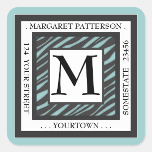 Black & White Teal Zebra Monogram Square Address Sticker