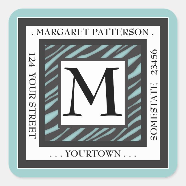 Black & White Teal Zebra Monogram Square Address Sticker (Front)