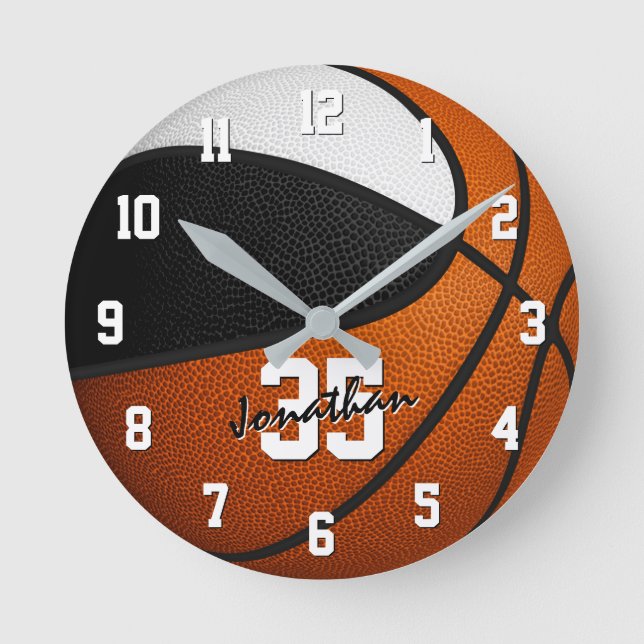 black white team colours basketball personalised round clock (Front)