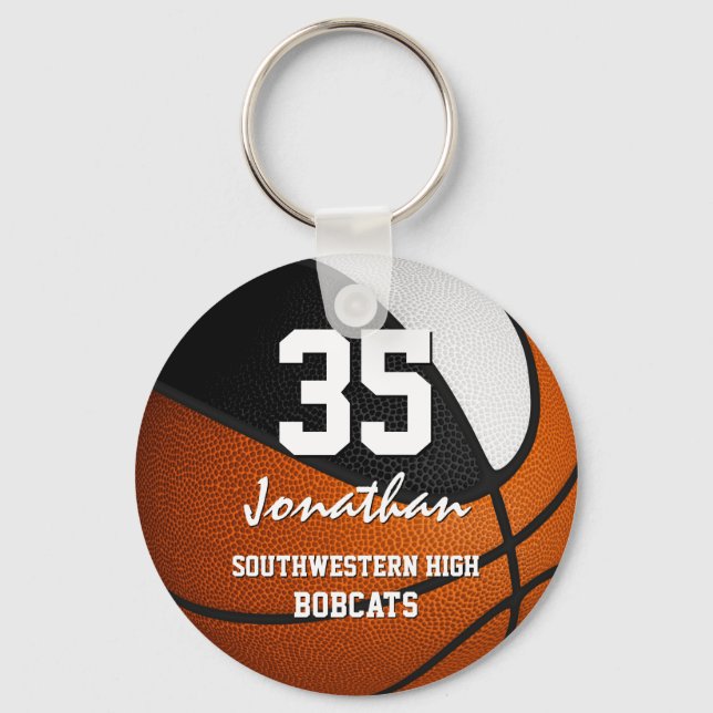 Black white team colours boys girls basketball key ring (Front)