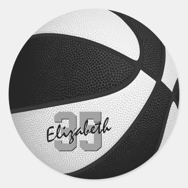 black white team colours girls boys basketball classic round sticker (Front)