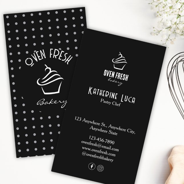 Black White Text Dots Cupcake Bakery  Business Card (Creator Uploaded)