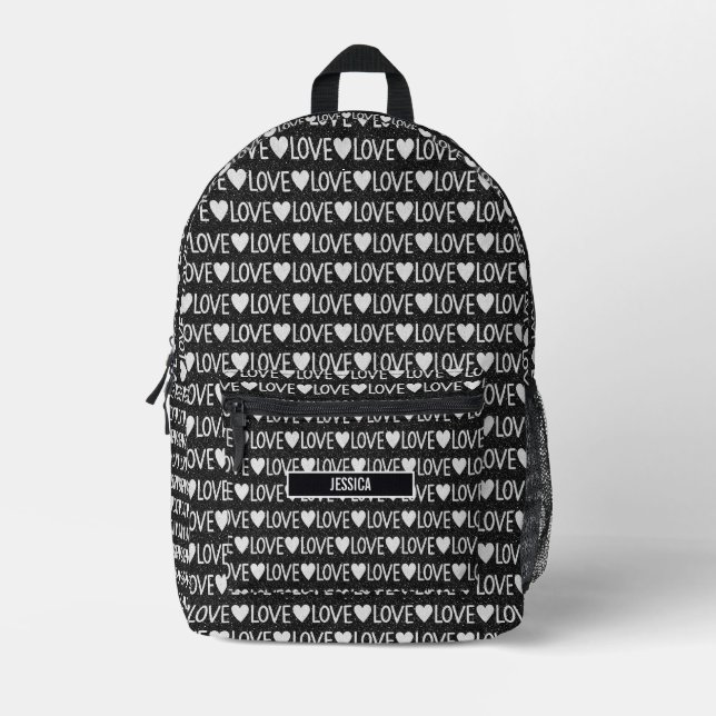 Black White Text Love Monogram Name Printed Backpack (Front)