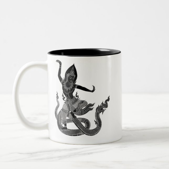 black white thai dragon and angel Two-Tone coffee mug (Left)