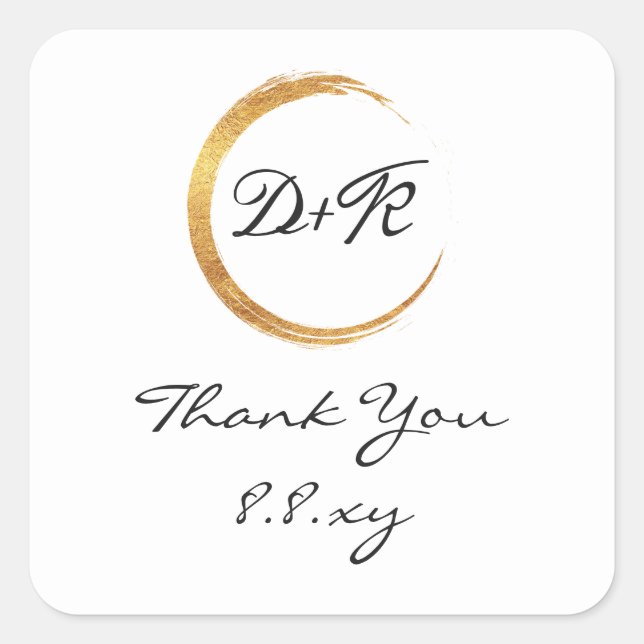 Black White Thank Initials Gold Ring Save The Date Square Sticker (Front)