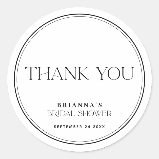 Black & White Thank You Bridal Shower Classic Round Sticker (Front)
