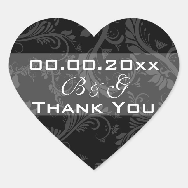 Black white "thank you" wedding heart sticker (Front)