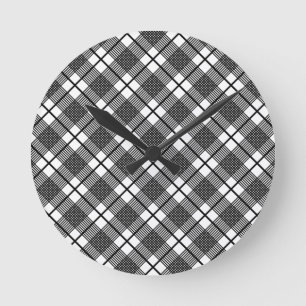 Black White Thin Glen Plaid Pattern Round Clock