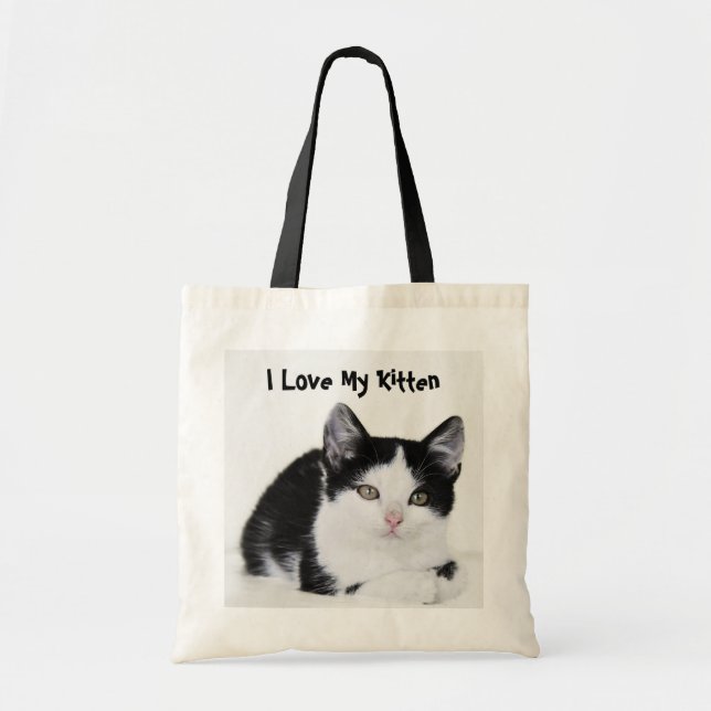 Black White Thoughtful Kitten Bag (Front)