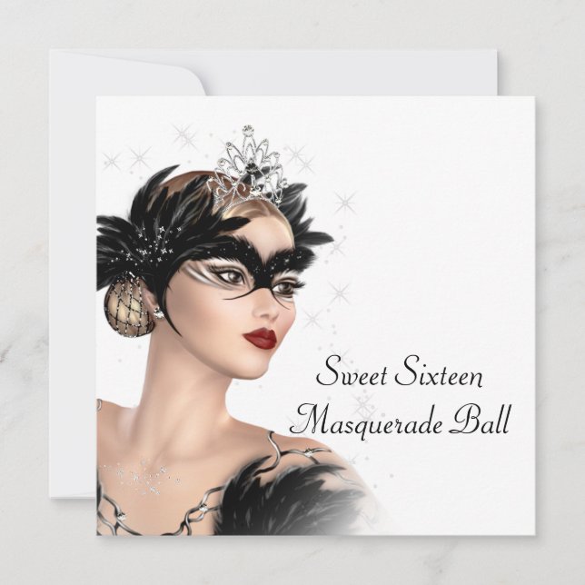 Black White Tiara Mask Sweet 16  Masquerade Party Invitation (Front)
