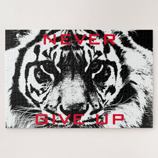 Black & White Tiger Never Give Up Motivational Jigsaw Puzzle (Horizontal)