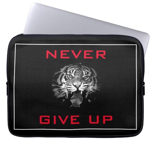 Black & White Tiger Never Give Up Motivational Laptop Sleeve (Front)