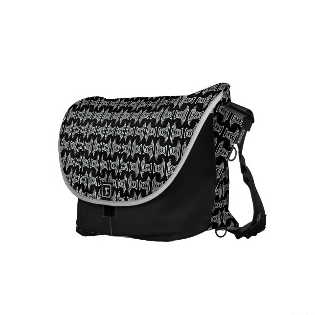 black white tiki pattern courier bag (Front Right)