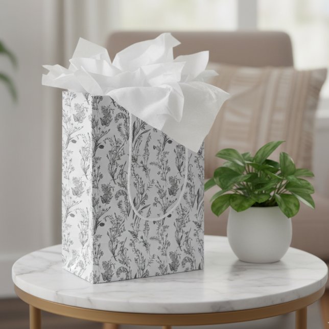 Black White Toile Elegant Floral Medium Gift Bag (black and white toile floral gift bag with elegant chic pattern)