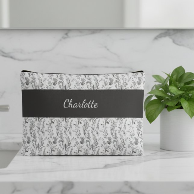 Black White Toile Floral Custom Name Accessory Pouch (black and white minimalist toile pattern accessory makeup bag with custom name for gift for her)