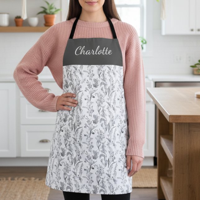 Black White Toile Floral Custom Name Apron (black and white minimalist toile chinoiserie pattern apron with custom name)