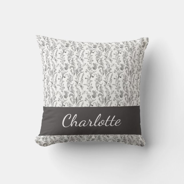 Black White Toile Floral Custom Name Cushion (Front)