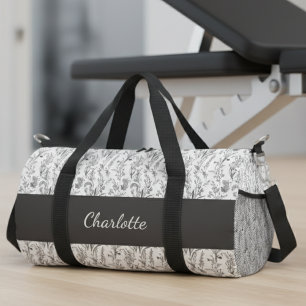 Black White Toile Floral Custom Name Duffle Bag