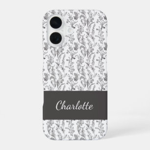 Black White Toile Floral Custom Name iPhone 16 Case