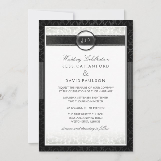 Black White & Touch of Gold Art Deco Wedding Invitation (Front)