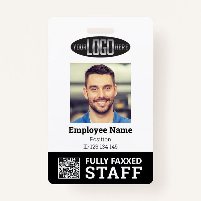 Black White Trade Employee Photo ID and QR Code ID Badge (Front)