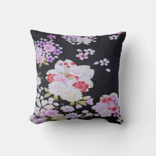 Black White Traditional Japanese Floral Flowers Cushion