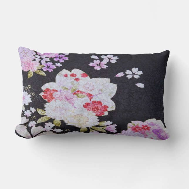 Black White Traditional Japanese Floral Flowers Lumbar Cushion (Front)