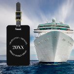 Black white travel vacation cruise names year luggage tag<br><div class="desc">Black background,  white text.
Personalise and add your names and year,  vacation/travel destination
Back: Add your contact information</div>