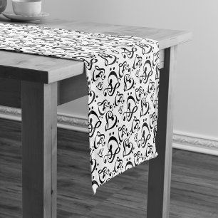Black White Treble Clef Heart Music Notes Pattern Short Table Runner